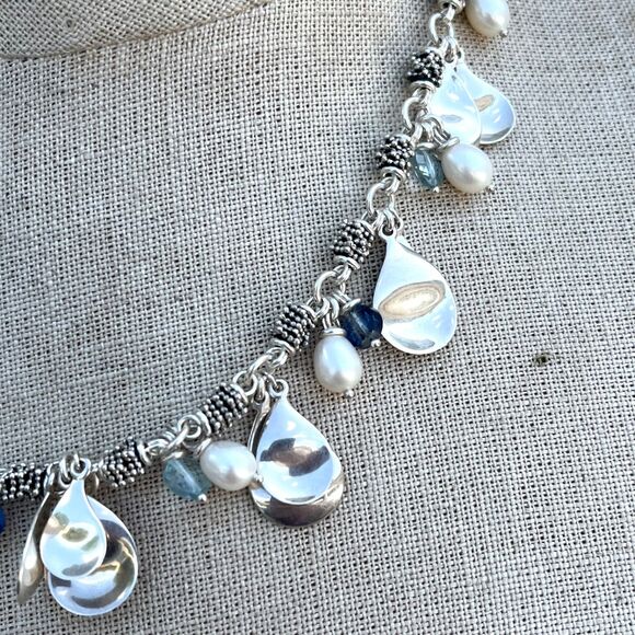 Michael Dawkins Sterling Silver Pearl Blue Bead Caviar Dangle Toggle Necklace - Picture 5 of 13